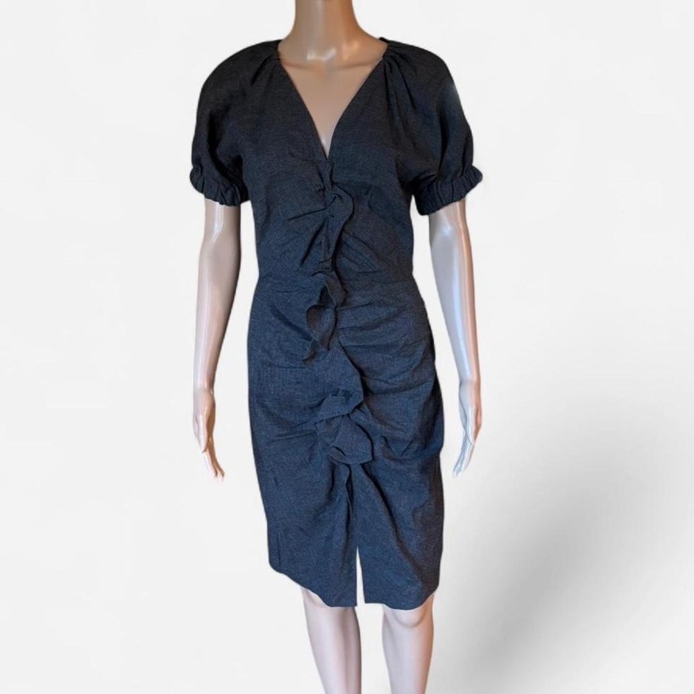Isabel Marant Etoile Heathered Black Cotton V Neck Ruffle Details Dress Size 38